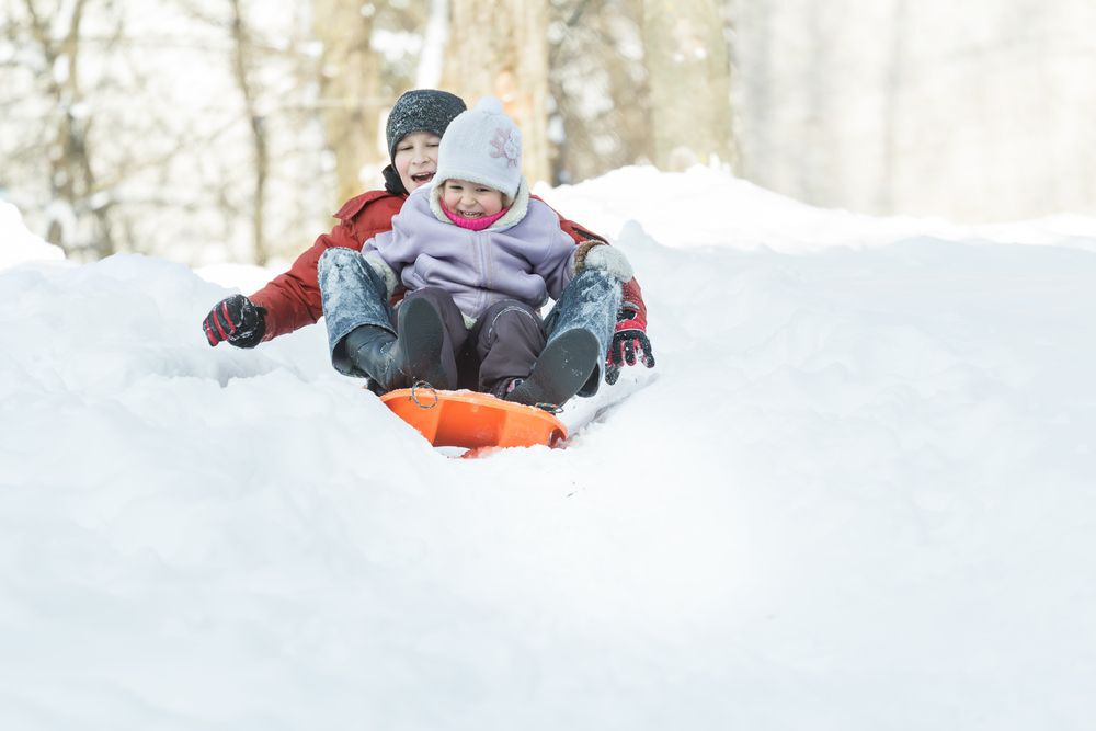 Two siblings tobogganing down a snowy hill.