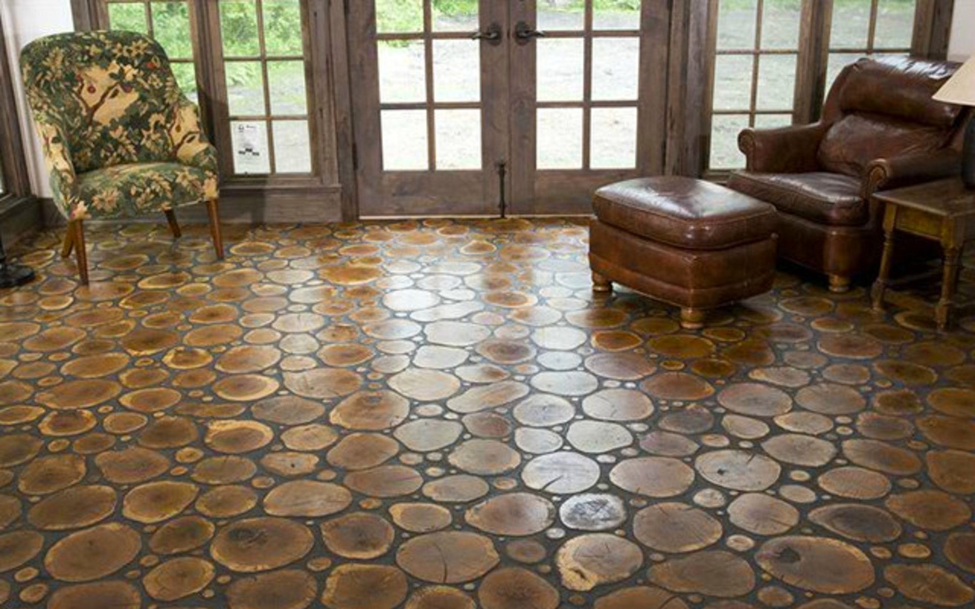 Living room with cordwood floor