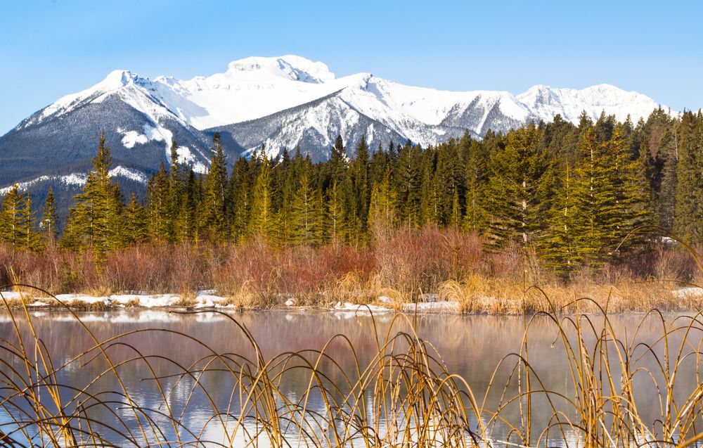Cool spring morning in Banff, Canada at the base of the Sundance Mountain range.