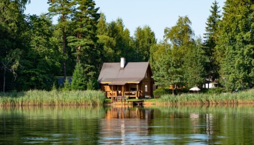 Small isolated wooden cabin overlooking a pond in a forest.