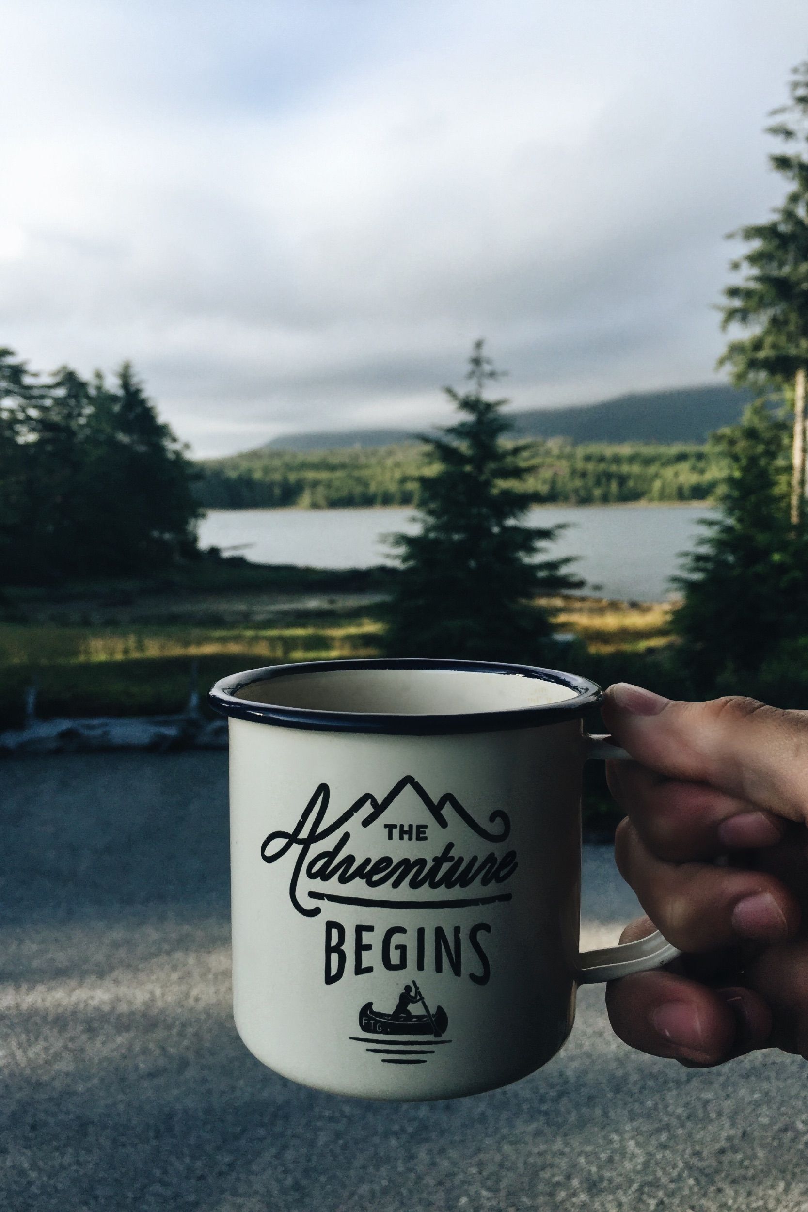 Coffee mug held up to forest view