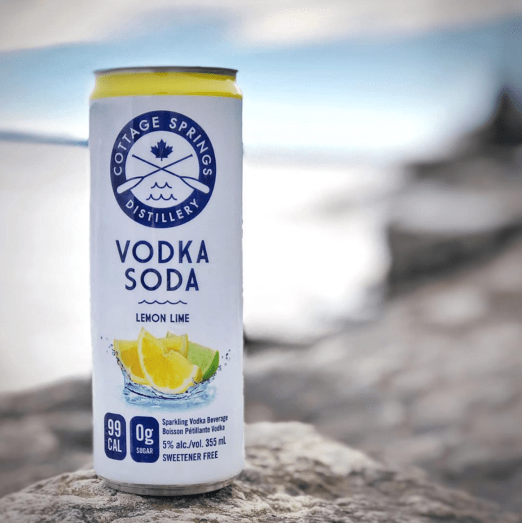 A can of Cottage Springs vodka soda sits on rocks in front of a lake