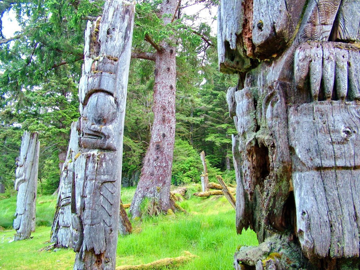 Historic totem poles in Haida Gwaii, B.C.