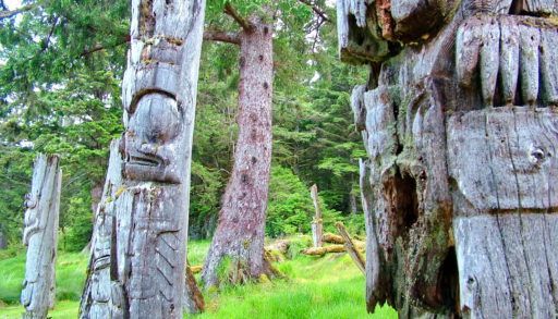 Historic totem poles in Haida Gwaii, B.C.