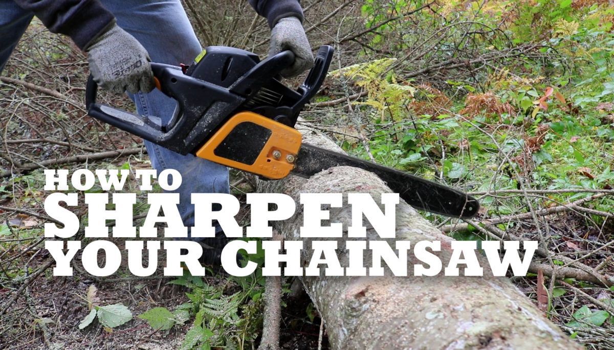 chainsaw cutting through a log with text overlay