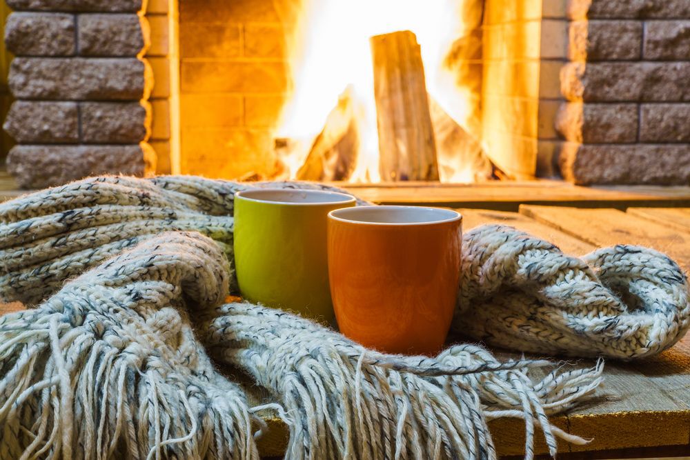 Two mugs on a blanket in front of a fireplace