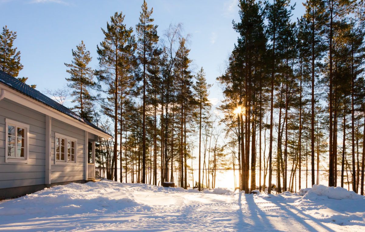 Winter cottage scene with sunshine through the trees