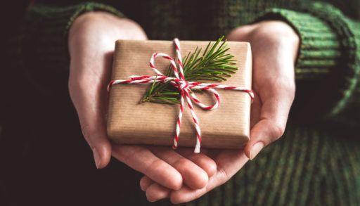 Hands holding a small wrapped gift