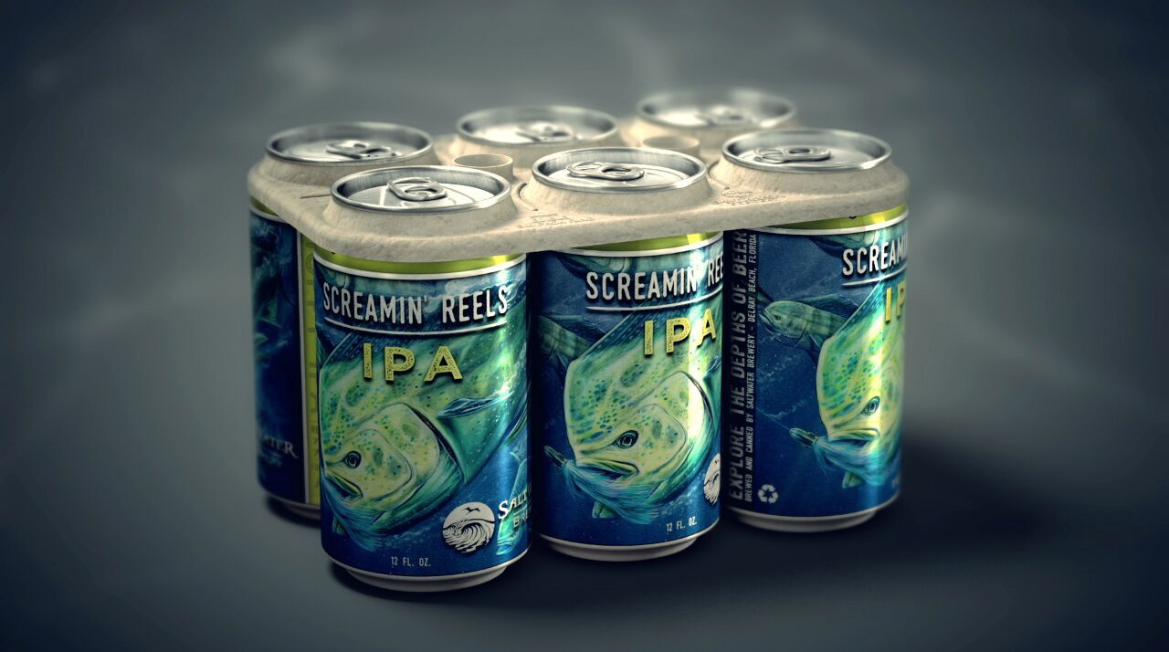 A six pack of beer cans in an eco-friendly holder