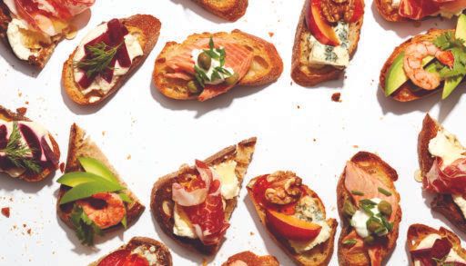 Crostini snacks. Toasts with different toppings