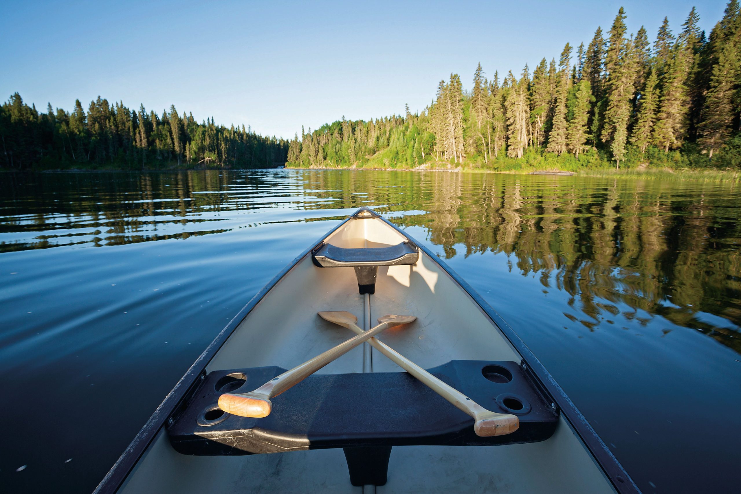 canoe-in-lake-surrounded-by-trees