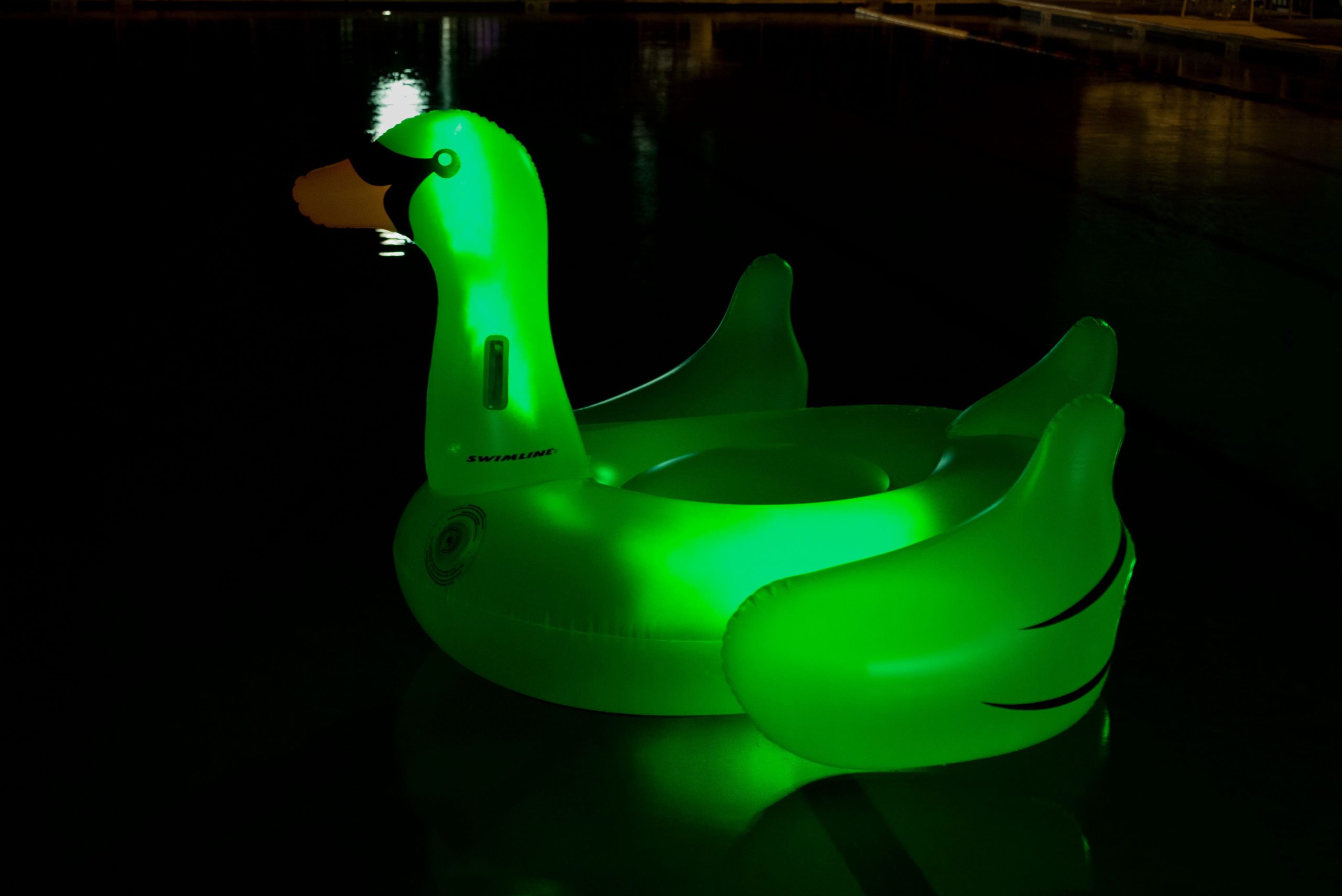 An inflatable pool float in the shape of a swan, lit up from the inside