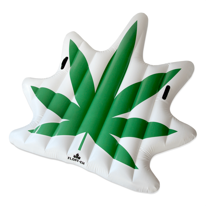 An inflatable pool float in the shape of a cannabis leaf