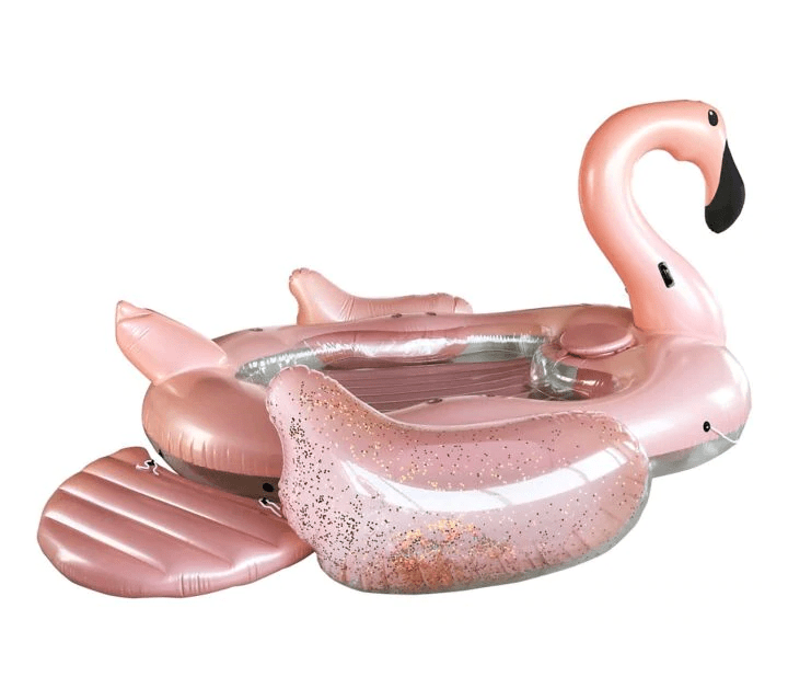 A large pink pool float in the shape of a flamingo