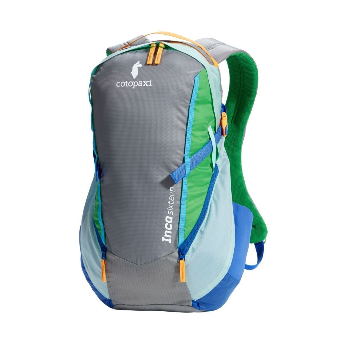 Cotopaxi backpack in grey with blue, green and orange details