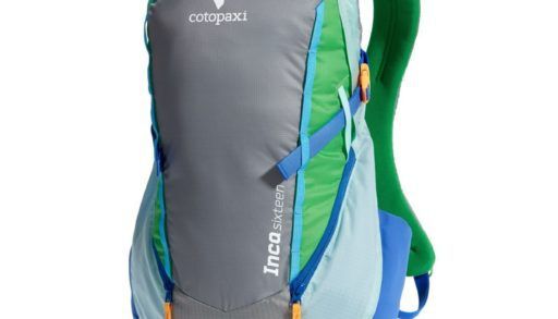 Cotopaxi backpack in grey with blue, green and orange details
