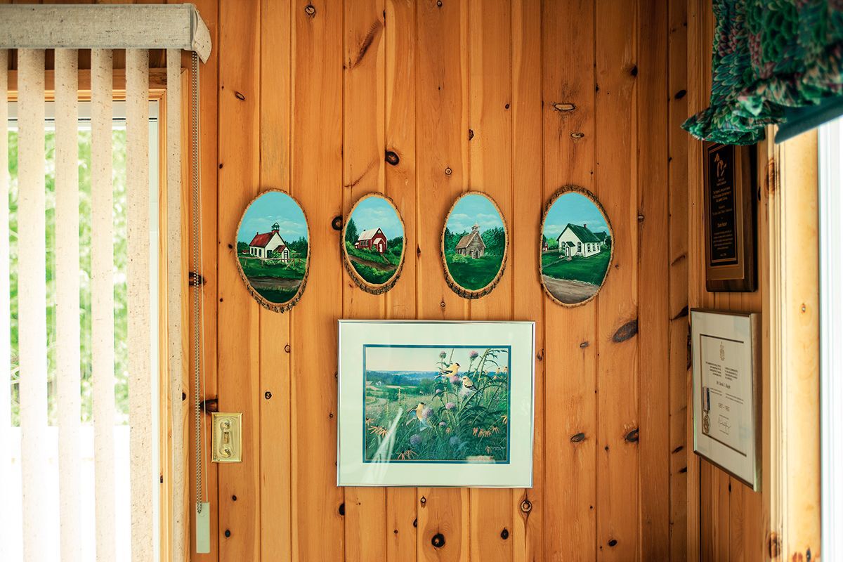farmhouse paintings on wood panel wall