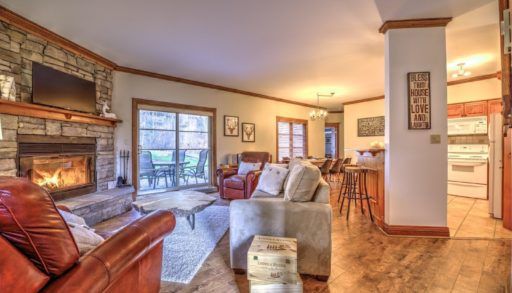 Kitchen and living room in ski chalet