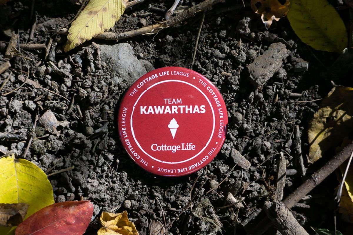 a button with Kawarthas on it