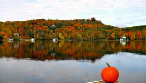 A few hours from Toronto in cottage country, a pumpkin sits on the edge of a dock and contemplates the beautiful fall colors