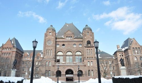 Ontario Legislative Assembly at Queens Park in Toronto on a snowy day