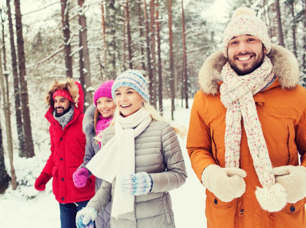 friends walking in snowy woods in winter