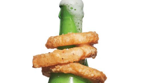 onion rings on the neck of a beer bottle