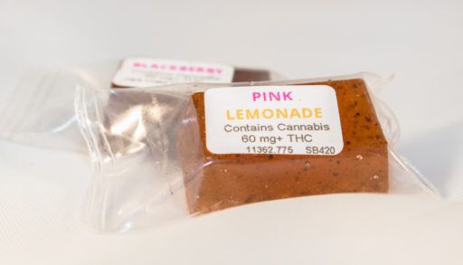 Pink lemonade flavoured hard candy edible made with THC from the marijuana plant for medicinal use