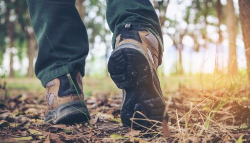 Close up of feet in hiking shoes on a forest trail
