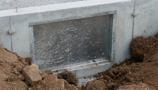 A concrete crawl space, surrounded by soil