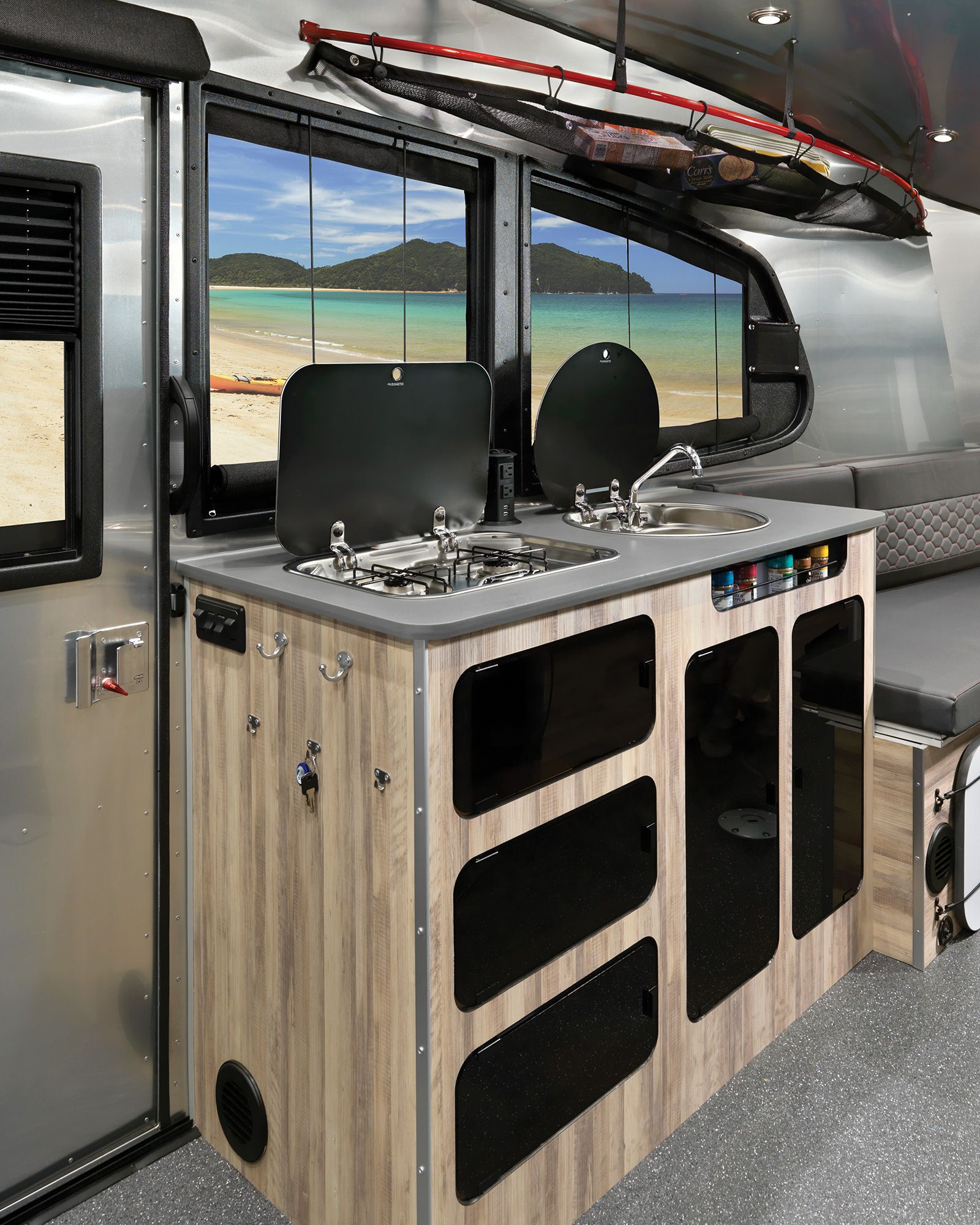 kitchen and galley space inside RV