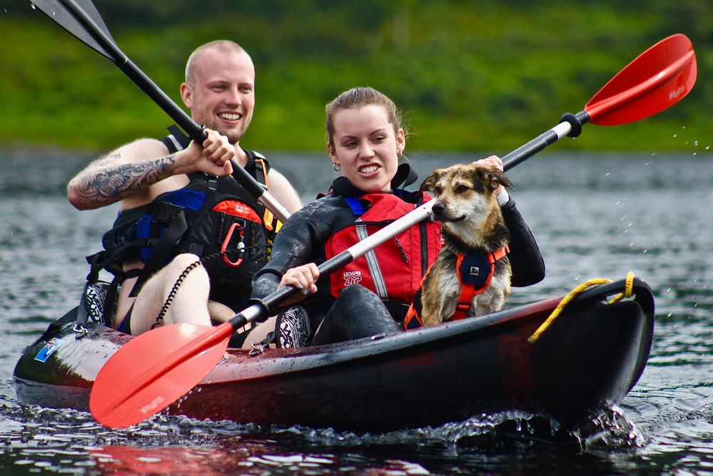 Young couple in a kayak, paddling with a dog