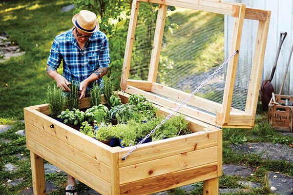 man standing at a wooden covered raised planter box, project
