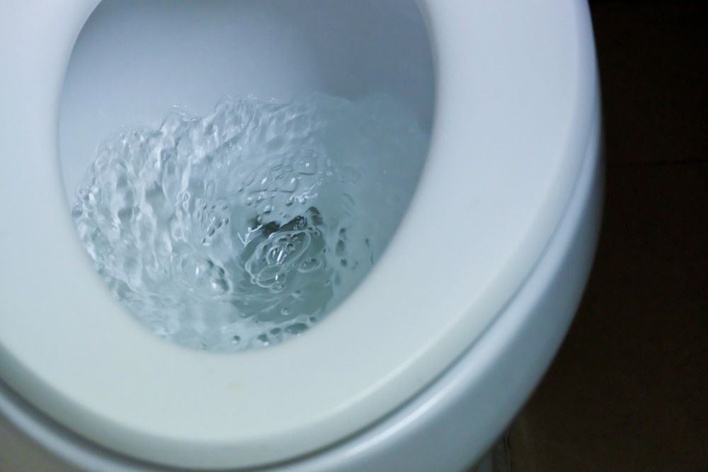 Flushing the toilet at Bathroom or Restroom.Flush white.Water flow flush toilet. concept: sanitary ware ,To cleanse and wash, no plunger