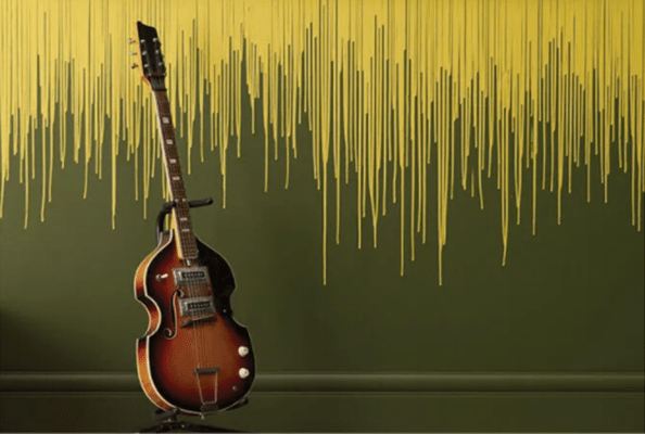 green paint colour on a wall behind a guitar in a stand with yellow drip accents