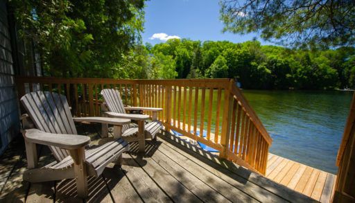 Adirondack chairs sitting on a cottage wooden deck facing a calm lake during a summer day in Muskoka, Ontario Canada, real estate