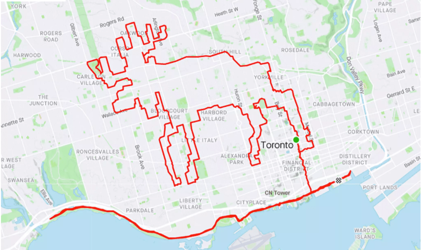 moose route highlighted on a map of downtown Toronto for cycling contest winner