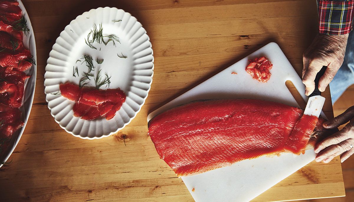large piece of cured gravlax salmon at Amy Rosen's family Hanukkah brunch