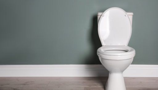 A ceramic toilet against a grey-green wall