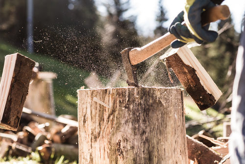 Detail of two flying pieces of wood on log with sawdust. Man is chopping wood with vintage axe. Frozen moment. firewood