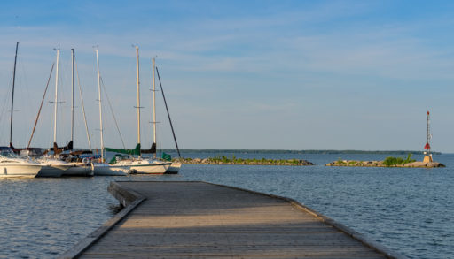 Jackson Point Marina with sailboats and view of Georgina Island in Ontario