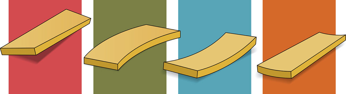 An illustration of four pieces of lumber, each curved differently.