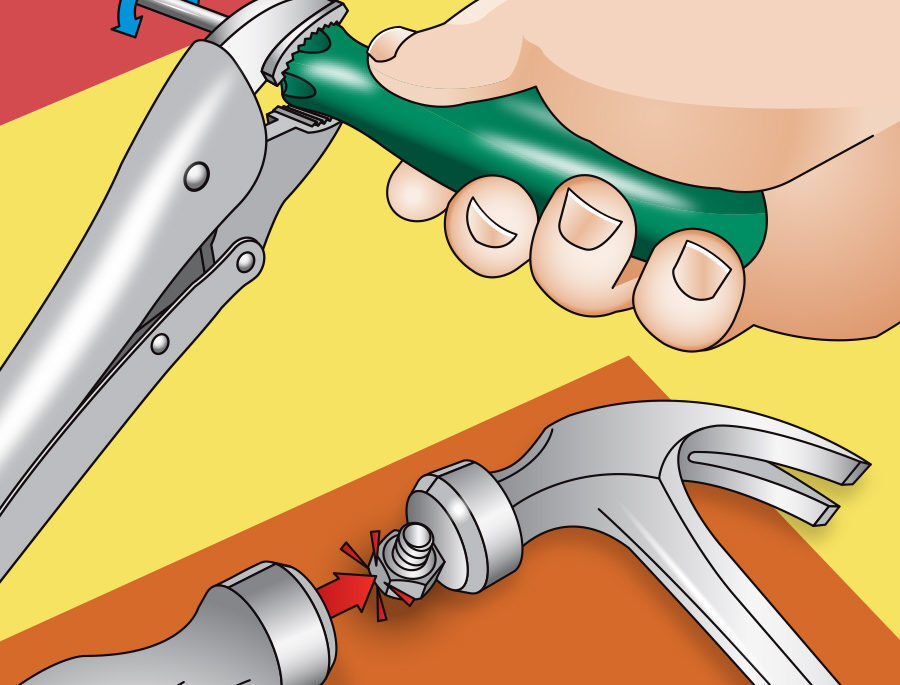 Illustration of two hammers, a nut, pliers and a screwdriver.