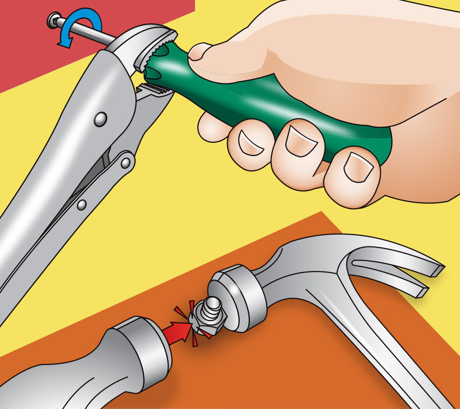 Illustration of two hammers, a nut, pliers and a screwdriver.