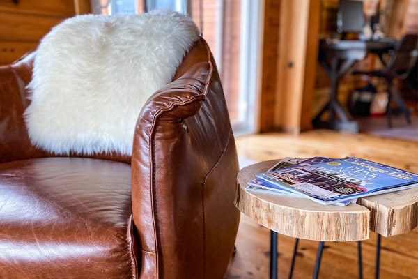 wooden side table in cottage at Crystal Lake