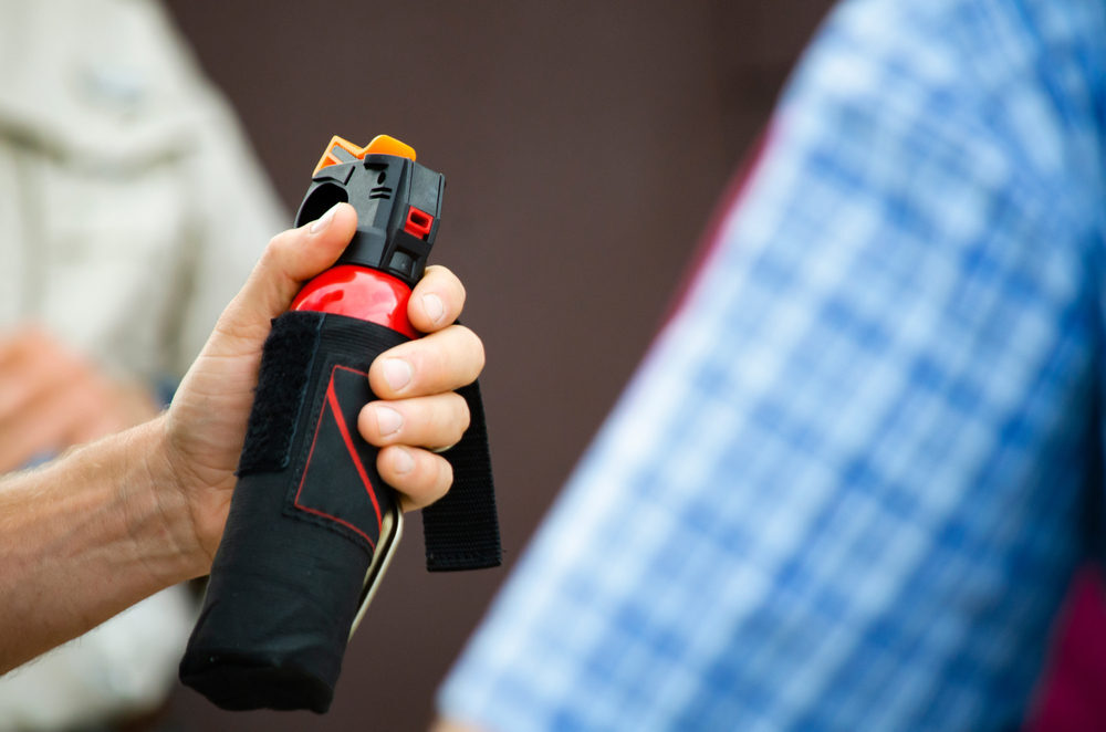Close-up shot of a person holding a can of bear spray.