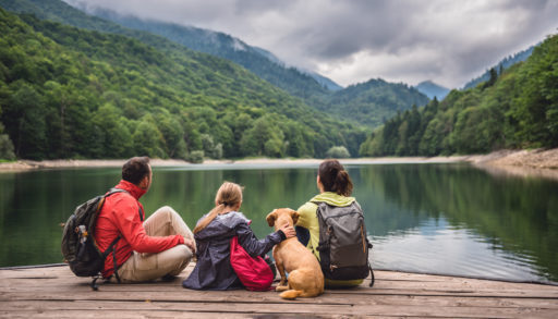 Family with dog sitting on dock