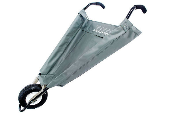 A grey, collapsable yard cart.