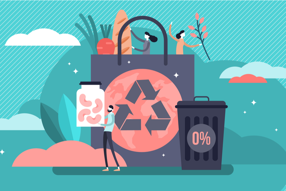 An illustration encouraging sustainable habits: vegetables, recycling bag, zero waste.