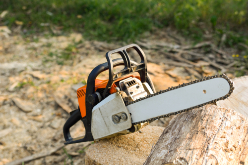Chainsaw that stands on a heap of firewood in the yard on a beautiful background of green grass and forest. yardwork tools